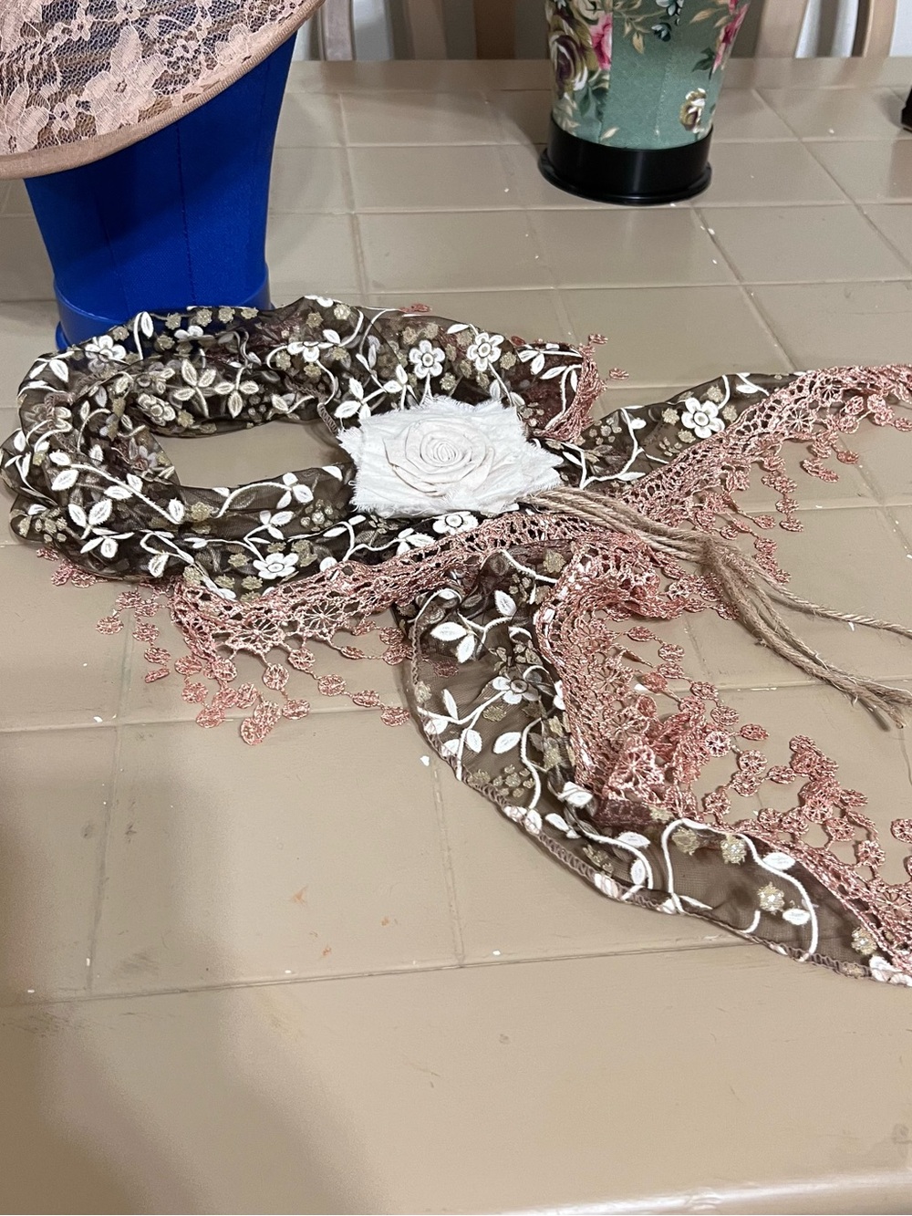 Embroidered Mori Floral Lace Scarf with Tassel Rose Accent - Pink & Brown
